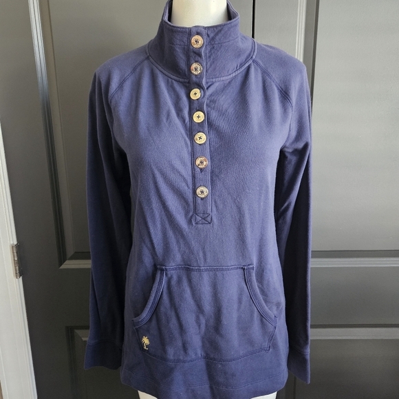 Lilly Pulitzer Medium Women Navy Blue Cotton Stretch Knit Gold Buttons - Picture 4 of 12